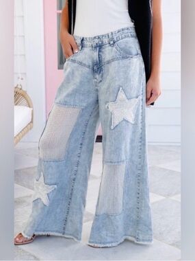 POL Light Wash Wide Leg Jeans with Star Patches